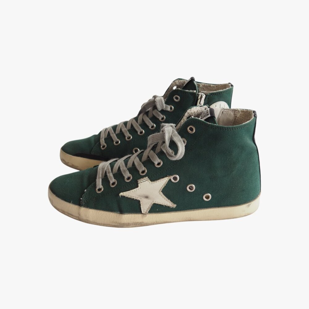 (RARE) GOLDEN GOOSE | CANVAS “FRANCY” GREEN WHITE HIGH TOP SNEAKERS - Picture 6 of 9